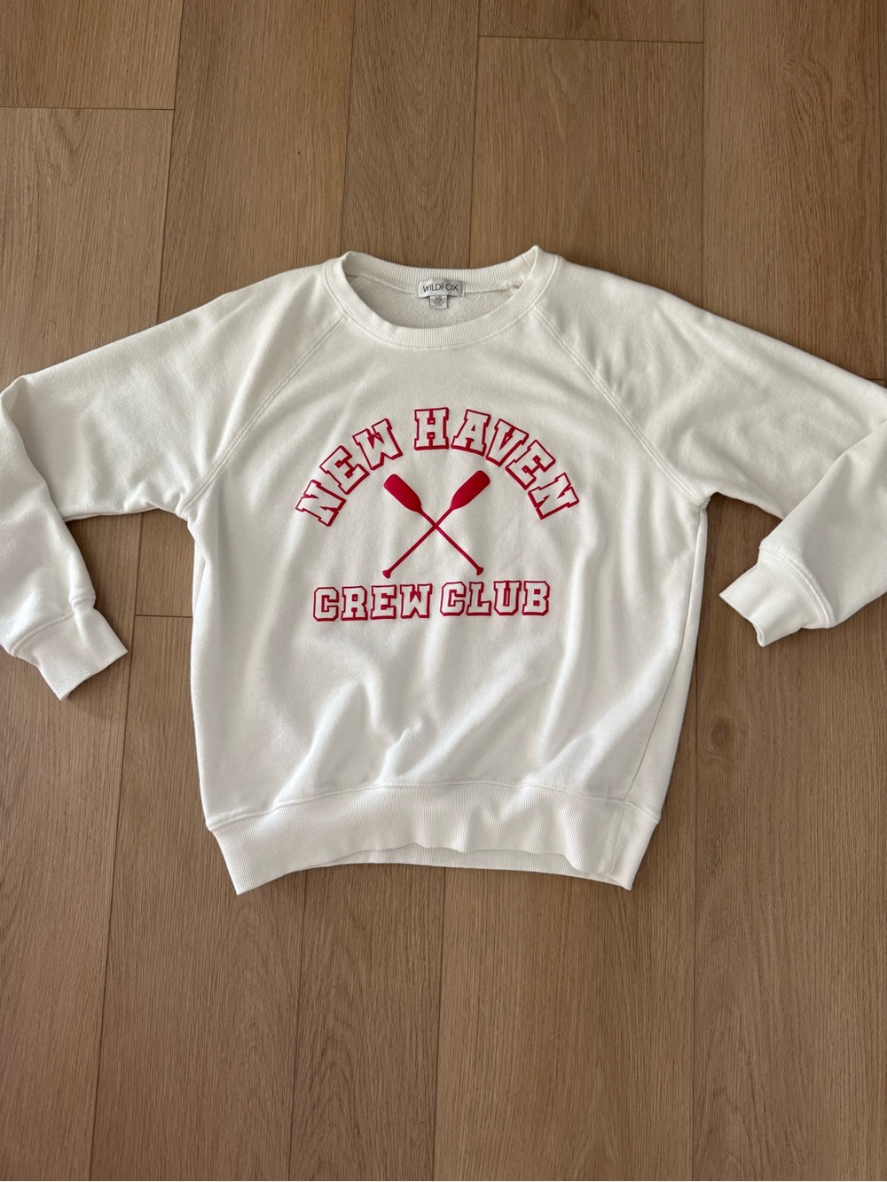 Wildfox White Crewneck with Red New Haven Crew Club Graphic in red